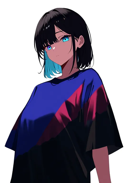 masterpiece, best quality, newest, absurdres, highres, safe, multicolored_shirt, 1girl, solo, simple_background — by k3scat, made with ComfyUI