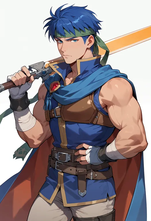 masterpiece, best quality, score_7, safe, ike (fire emblem), fire emblem, solo, upper body, simple background — by k3scat, made with ComfyUI
