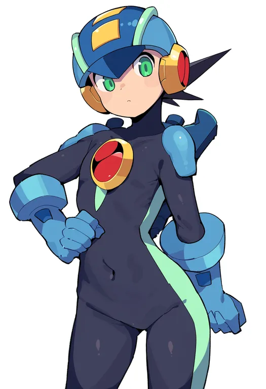 masterpiece, best quality, score_7, safe, mega man battle network 5, solo, simple background — by k3scat, made with ComfyUI