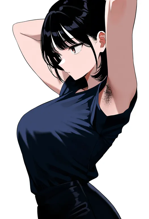 masterpiece, best quality, newest, absurdres, highres, safe, armpit_hair_peek, 1girl, solo, simple_background — by k3scat, made with ComfyUI
