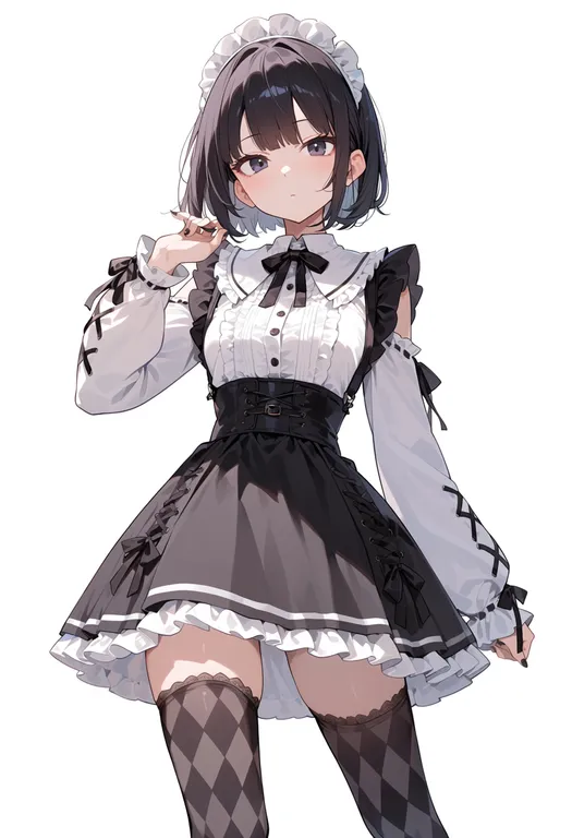 masterpiece, best quality, score_7, safe, argyle thighhighs, 1girl, solo, simple background — by k3scat, made with ComfyUI