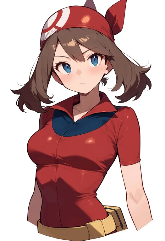 masterpiece, best quality, score_7, safe, may (pokemon), pokemon, solo, upper body, simple background — by k3scat, made with ComfyUI