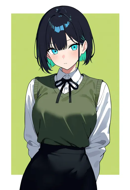 masterpiece, best quality, newest, absurdres, highres, safe, green_vest, 1girl, solo, simple_background — by k3scat, made with ComfyUI