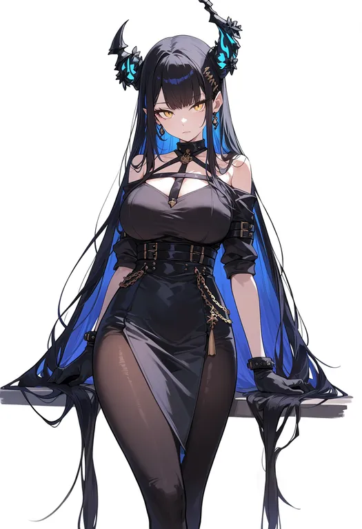 masterpiece, best quality, score_7, safe, two-tone horns, 1girl, solo, simple background — by k3scat, made with ComfyUI