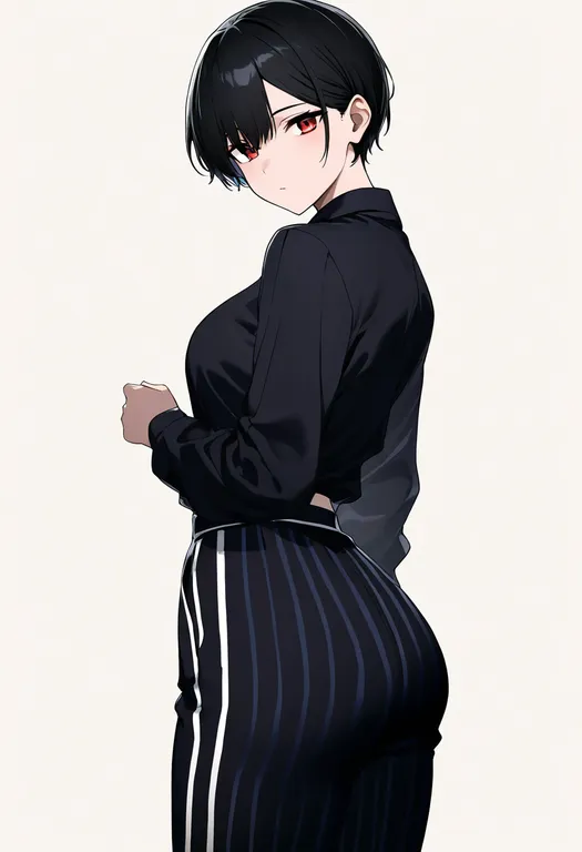 masterpiece, best quality, newest, absurdres, highres, safe, vertical-striped_pants, 1girl, solo, simple_background — by k3scat, made with ComfyUI