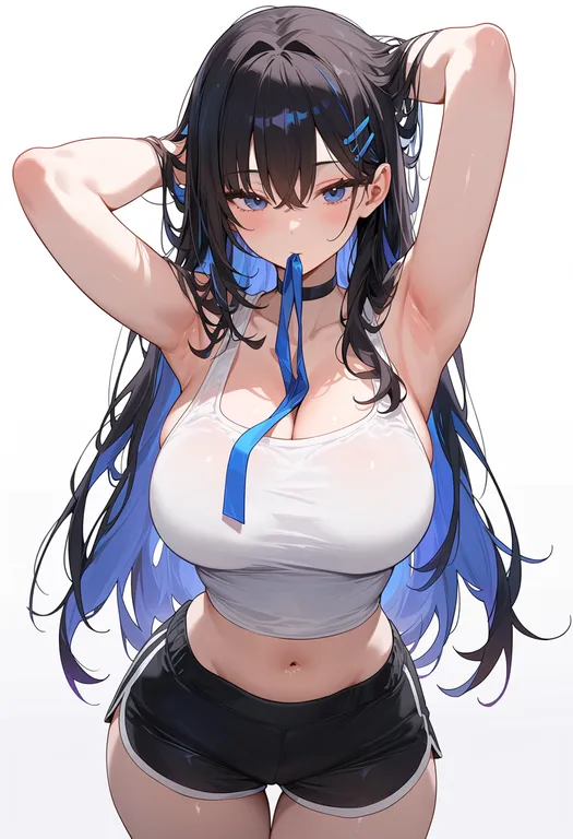 masterpiece, best quality, score_7, safe, ribbon in mouth, 1girl, solo, simple background — by k3scat, made with ComfyUI