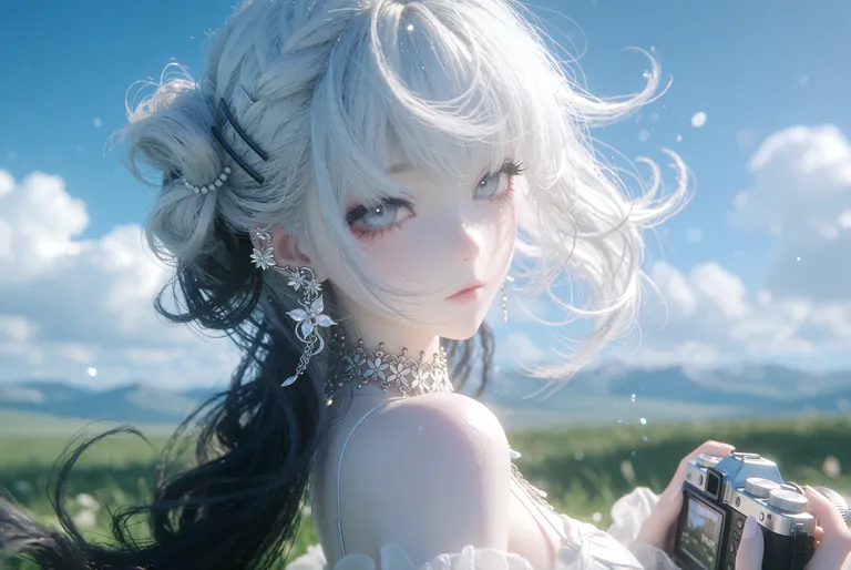 zidiusArt, --preview，wdlc48, Ani2rel, wdljql, cg少女感，冷白皮，室外场景，蓝天白云，大草原，自然光，白嫩嫩的皮肤，无辜大眼睛，白开水妆容，如琼玉般润滑暧昧的眼神人像摄影，耳环，项链，黑色头发抓… — by 天才美少女, made with ComfyUI