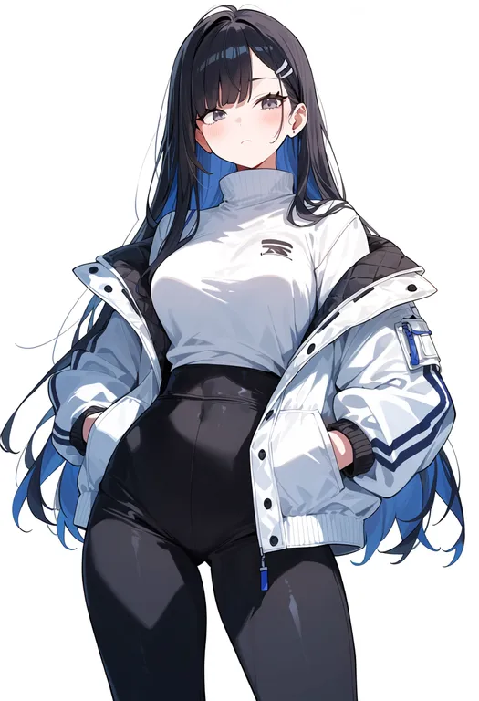 masterpiece, best quality, score_7, safe, white jacket, 1girl, solo, simple background — by k3scat, made with ComfyUI