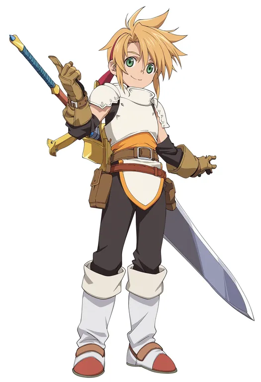 masterpiece, best quality, score_7, safe, tales of phantasia: narikiri dungeon x, solo, simple background — by k3scat, made with ComfyUI