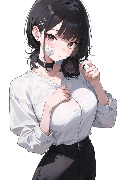 masterpiece, best quality, score_7, safe, gauze on face, 1girl, solo, simple background — by k3scat, made with ComfyUI
