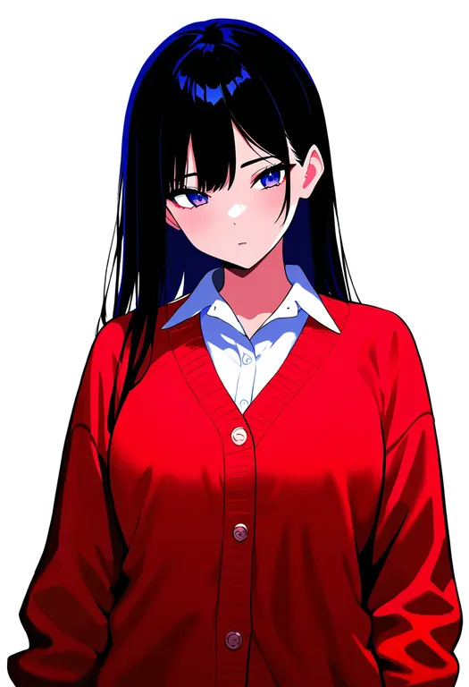 masterpiece, best quality, newest, absurdres, highres, safe, red_cardigan, 1girl, solo, simple_background — by k3scat, made with ComfyUI