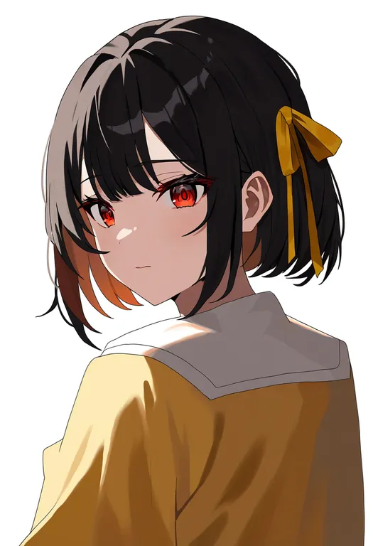 masterpiece, best quality, newest, absurdres, highres, safe, yellow_ribbon, 1girl, solo, simple_background — by k3scat, made with ComfyUI
