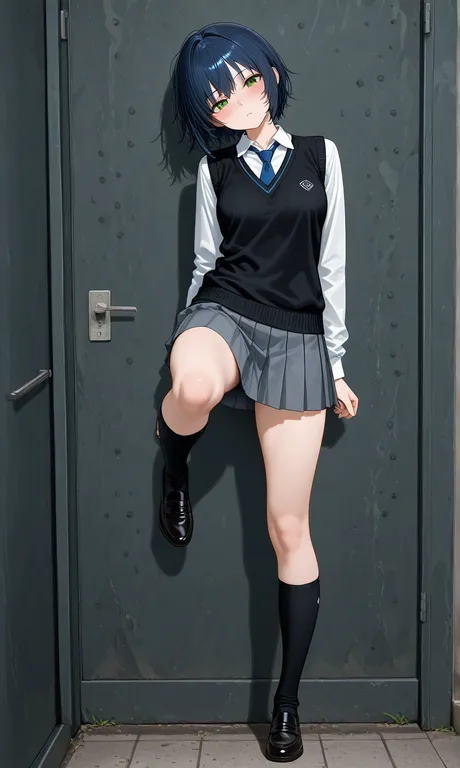 masterpiece, best quality, amazing_quality, newest, highres, absurdres, 1girl, solo, short hair, dark blue hair, green e