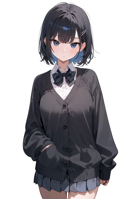 masterpiece, best quality, score_7, safe, black cardigan, 1girl, solo, simple background — by k3scat, made with ComfyUI