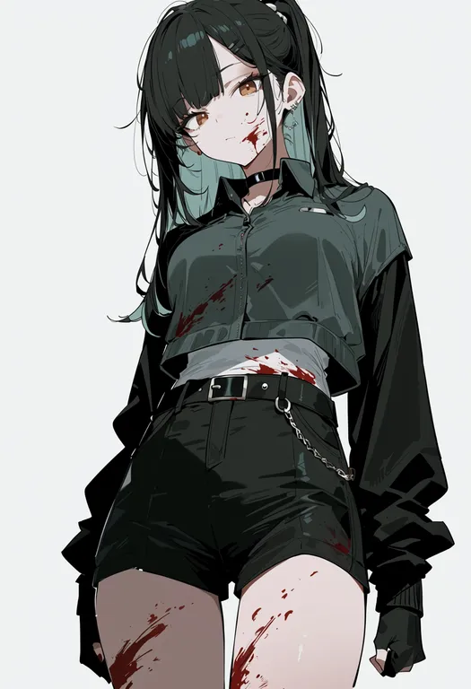 masterpiece, best quality, score_7, safe, blood on leg, 1girl, solo, simple background — by k3scat, made with ComfyUI