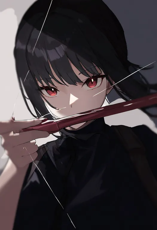 masterpiece, best quality, newest, absurdres, highres, safe, drawing_bow, 1girl, solo, simple_background — by k3scat, made with ComfyUI