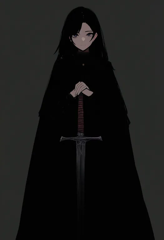 masterpiece, best quality, newest, absurdres, highres, safe, hands_on_hilt, 1girl, solo, simple_background — by k3scat, made with ComfyUI