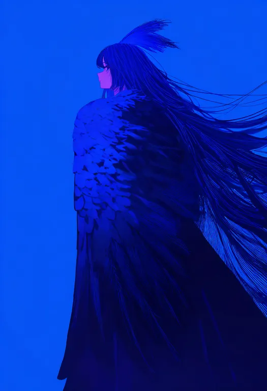 masterpiece, best quality, newest, absurdres, highres, safe, blue_feathers, 1girl, solo, simple_background — by k3scat, made with ComfyUI