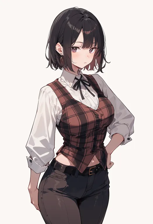masterpiece, best quality, score_7, safe, plaid vest, 1girl, solo, simple background — by k3scat, made with ComfyUI