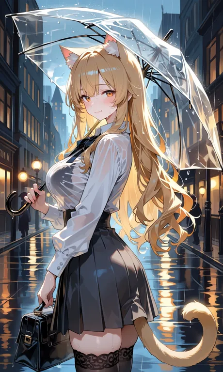 1girl, solo, cat girl, cat ears, cat tail, blonde hair, long wavy hair, wet hair, orange eyes, amber eyes, pale skin… — by John, made with ComfyUI