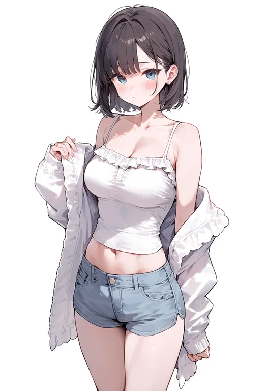 masterpiece, best quality, score_7, safe, frilled camisole, 1girl, solo, simple background — by k3scat, made with ComfyUI