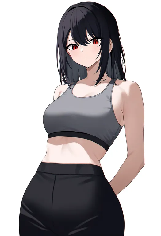 masterpiece, best quality, newest, absurdres, highres, safe, grey_sports_bra, 1girl, solo, simple_background — by k3scat, made with ComfyUI