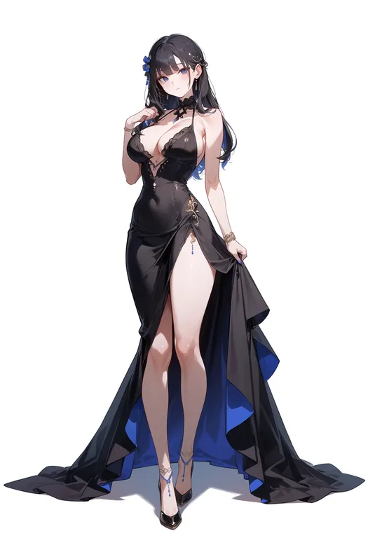 masterpiece, best quality, score_7, safe, high-low dress, 1girl, solo, simple background — by k3scat, made with ComfyUI