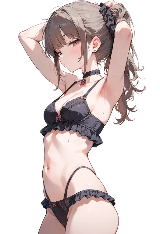 masterpiece, best quality, score_7, safe, frilled panties, 1girl, solo, simple background — by k3scat, made with ComfyUI