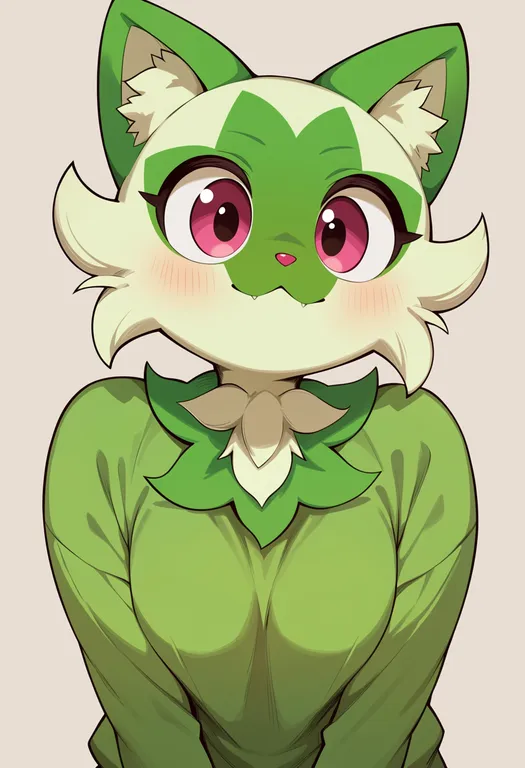 masterpiece, best quality, score_7, safe, sprigatito, solo, upper body, simple background — by k3scat, made with ComfyUI
