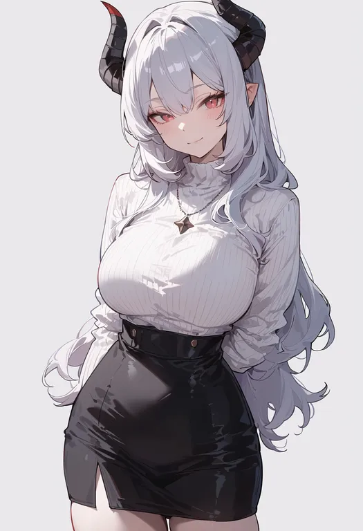 masterpiece, best quality, score_7, safe, demon horns, 1girl, solo, simple background — by k3scat, made with ComfyUI