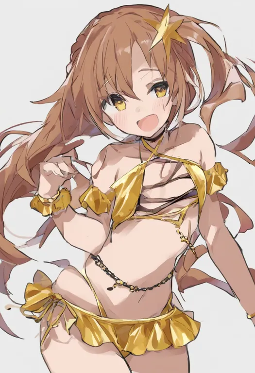 masterpiece, best quality, general, gold bikini, 1girl, solo, simple background — by k3scat, made with ComfyUI