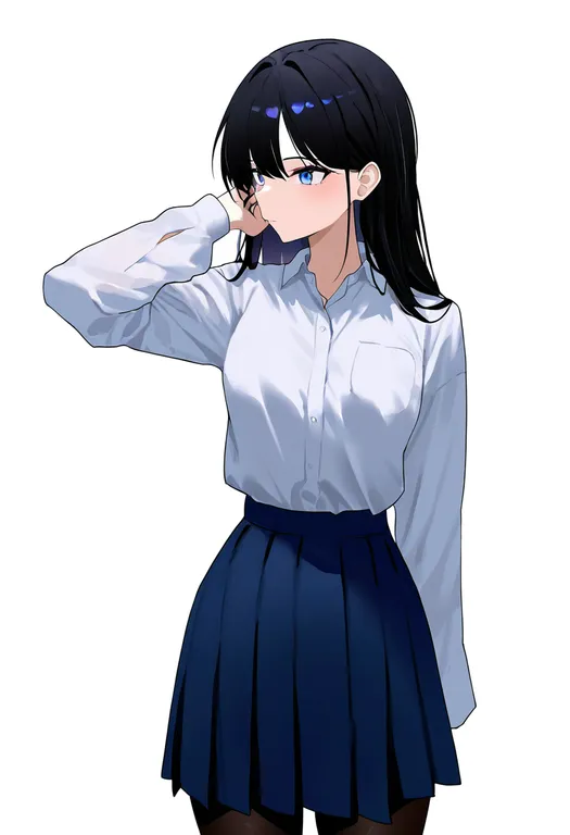 masterpiece, best quality, newest, absurdres, highres, safe, blue_skirt, 1girl, solo, simple_background — by k3scat, made with ComfyUI