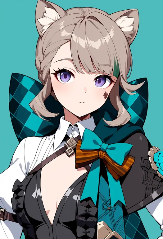 masterpiece, best quality, score_7, safe, lynette (genshin impact), genshin impact, solo, upper body, simple background — by k3scat, made with ComfyUI