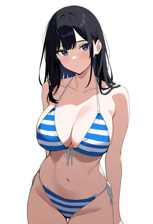 masterpiece, best quality, newest, absurdres, highres, safe, striped_bikini, 1girl, solo, simple_background — by k3scat, made with ComfyUI