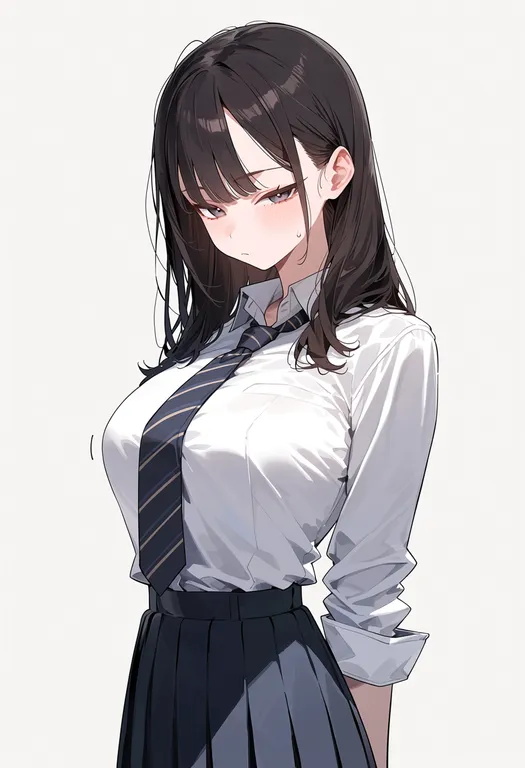 masterpiece, best quality, score_7, safe, diagonal-striped necktie, 1girl, solo, simple background — by k3scat, made with ComfyUI