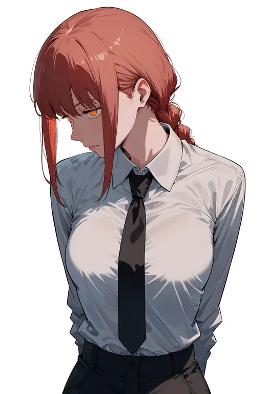 masterpiece, best quality, score_7, safe, makima (chainsaw man), chainsaw man, solo, upper body, simple background — by k3scat, made with ComfyUI