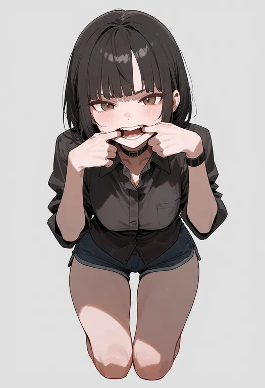masterpiece, best quality, score_7, safe, mouth pull, 1girl, solo, simple background — by k3scat, made with ComfyUI