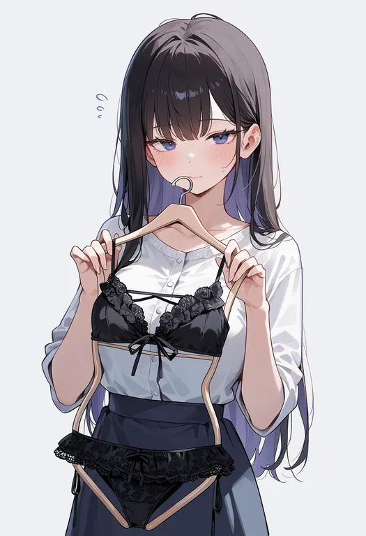 masterpiece, best quality, score_7, safe, holding clothes hanger, 1girl, solo, upper body, simple background — by k3scat, made with ComfyUI