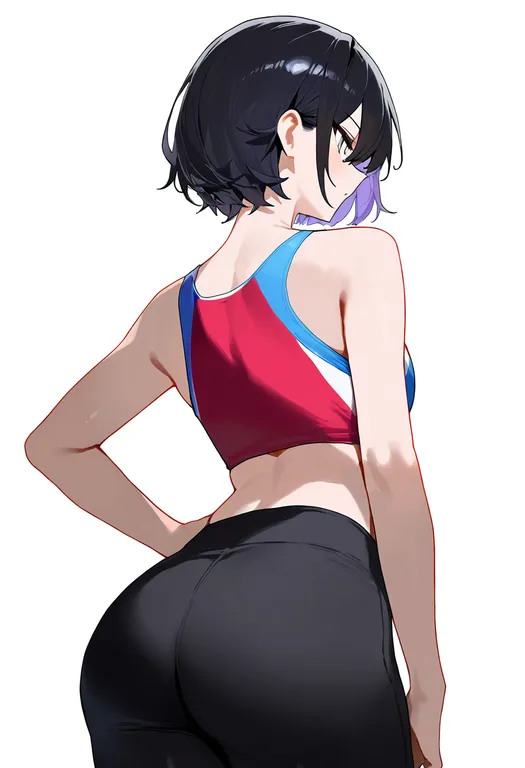 masterpiece, best quality, newest, absurdres, highres, safe, two-tone_sports_bra, 1girl, solo, simple_background — by k3scat, made with ComfyUI