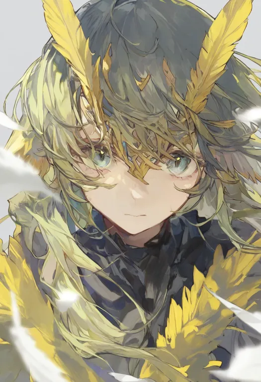 masterpiece, best quality, general, yellow feathers, 1girl, solo, simple background — by k3scat, made with ComfyUI