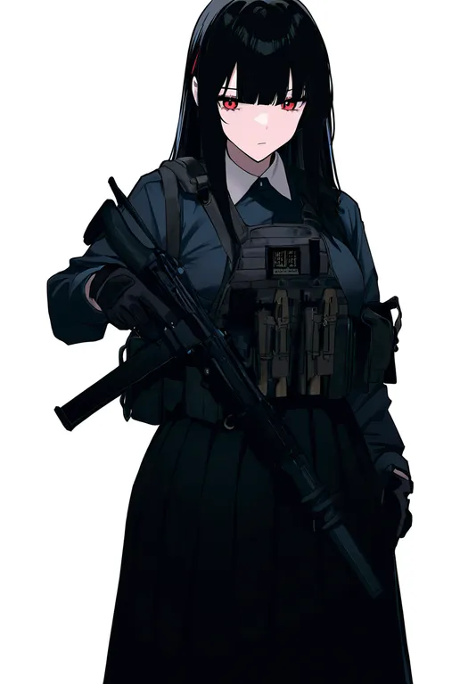 masterpiece, best quality, newest, absurdres, highres, safe, submachine_gun, 1girl, solo, simple_background — by k3scat, made with ComfyUI