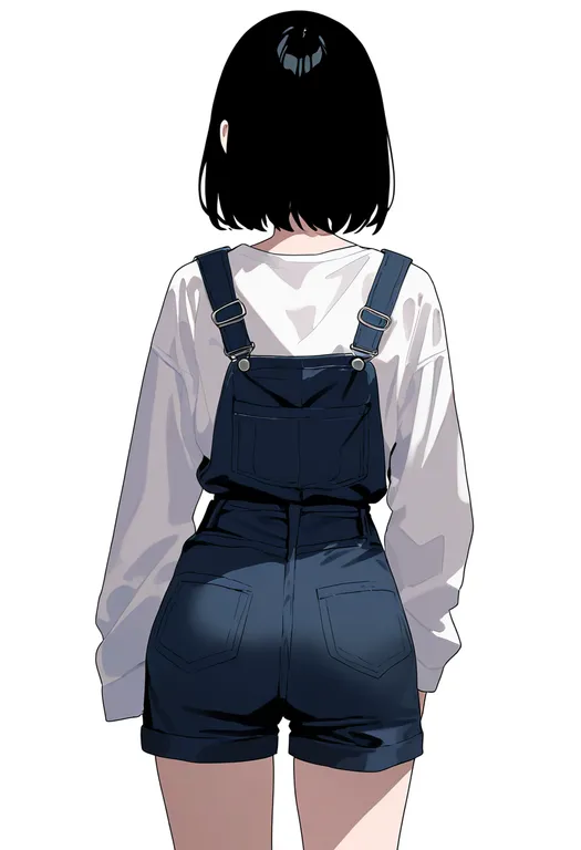 masterpiece, best quality, newest, absurdres, highres, safe, overall_shorts, 1girl, solo, simple_background — by k3scat, made with ComfyUI