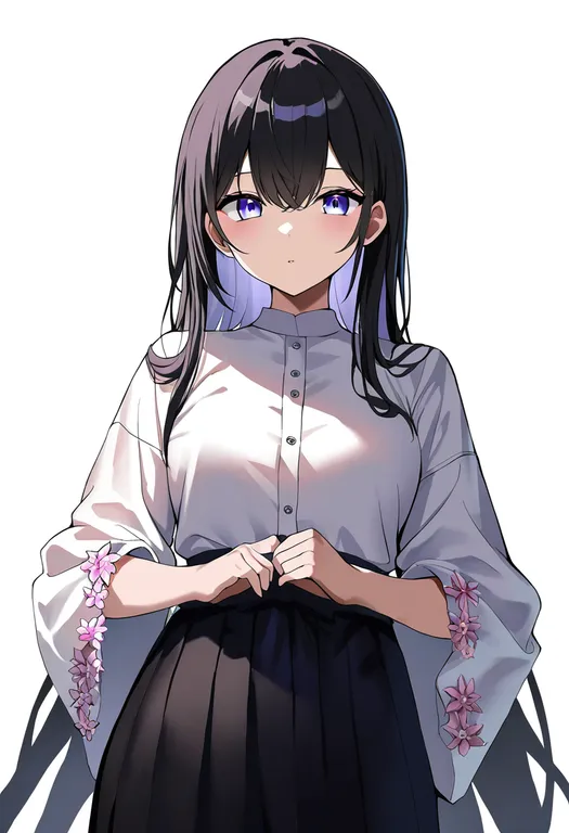 masterpiece, best quality, newest, absurdres, highres, safe, flower-trimmed_sleeves, 1girl, solo, simple_background — by k3scat, made with ComfyUI