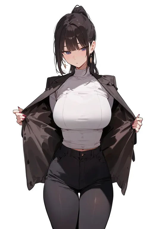 masterpiece, best quality, score_7, safe, opening own clothes, 1girl, solo, simple background — by k3scat, made with ComfyUI