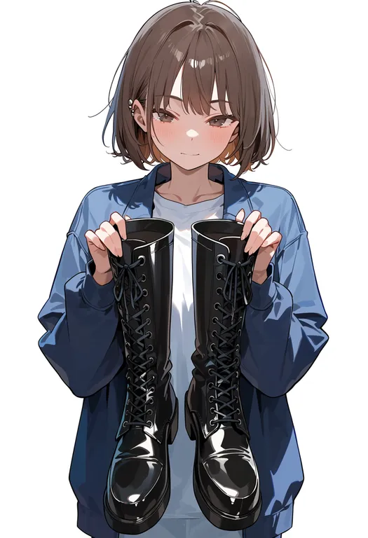 masterpiece, best quality, score_7, safe, holding unworn boots, 1girl, solo, upper body, simple background — by k3scat, made with ComfyUI