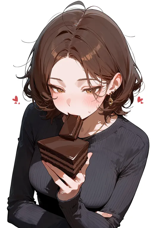 masterpiece, best quality, score_7, safe, chocolate cake, 1girl, solo, upper body, simple background — by k3scat, made with ComfyUI