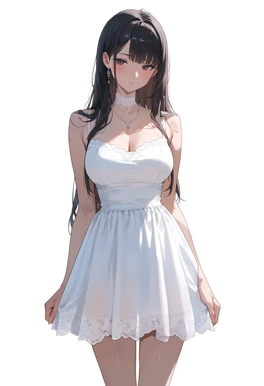 masterpiece, best quality, score_7, safe, white dress, 1girl, solo, simple background — by k3scat, made with ComfyUI
