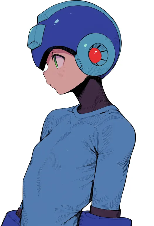 masterpiece, best quality, score_7, safe, mega man (character), solo, upper body, simple background — by k3scat, made with ComfyUI