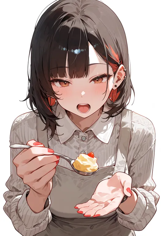 masterpiece, best quality, score_7, safe, spoon, 1girl, solo, upper body, simple background — by k3scat, made with ComfyUI