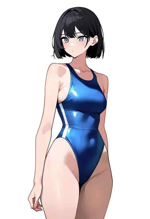 masterpiece, best quality, newest, absurdres, highres, safe, striped_one-piece_swimsuit, 1girl, solo, simple_background — by k3scat, made with ComfyUI